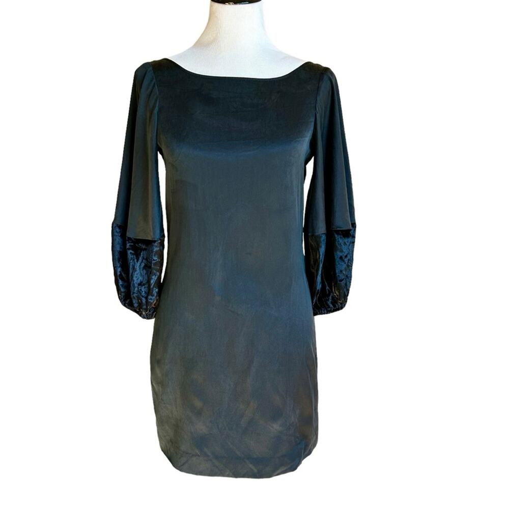 Elizabeth & James NWT Black Silk Cotton Mini Dress Dramatic Back Velvet Sleeves